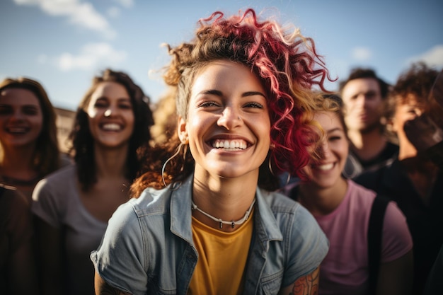 Gruppo di adolescenti felici che sorridono alla macchina fotografica in piedi all'aperto nella giornata estiva IA generativa