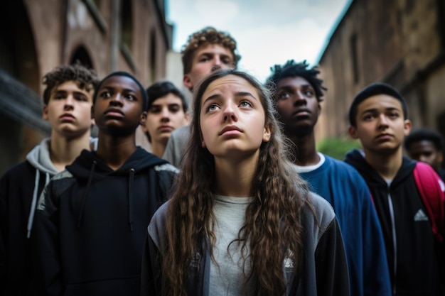 Gruppo di adolescenti fermi in segno di protesta con i suoi compagni di scuola Fermare il razzismo a scuola