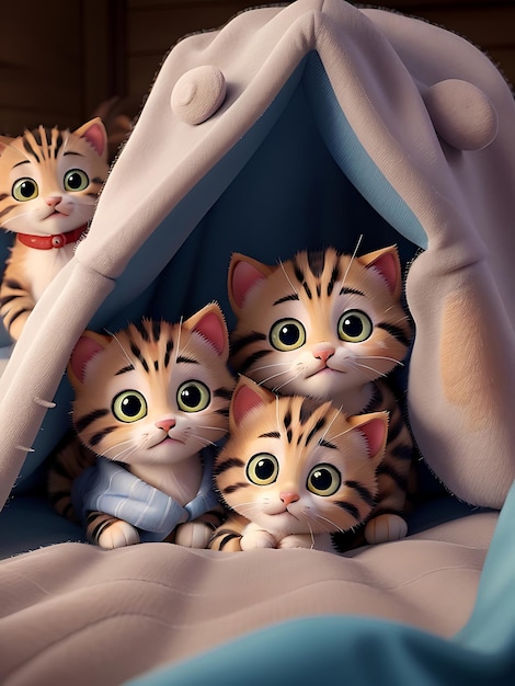 gruppo di adorabili gattini rannicchiati insieme in un accogliente fortino coperto