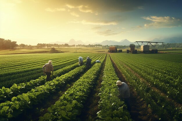 Gruppo di agricoltori che lavorano in un campo che mostra Generative ai