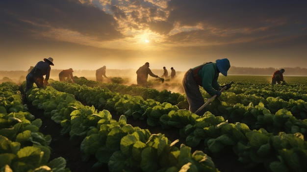 Gruppo di agricoltori che lavorano insieme in un campo di lattuga che si prendono cura dei raccolti sotto un cielo luminoso e soleggiato