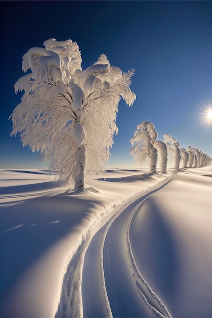 Gruppo di alberi che si trovano nella neve generativa ai