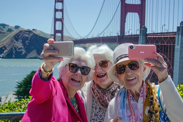 Gruppo di amiche anziane che si fanno un selfie durante le vacanze estive