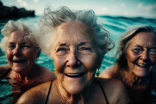 Gruppo di amiche più anziane che si godono l'acqua nel mare Illustrazione dell'IA generativa