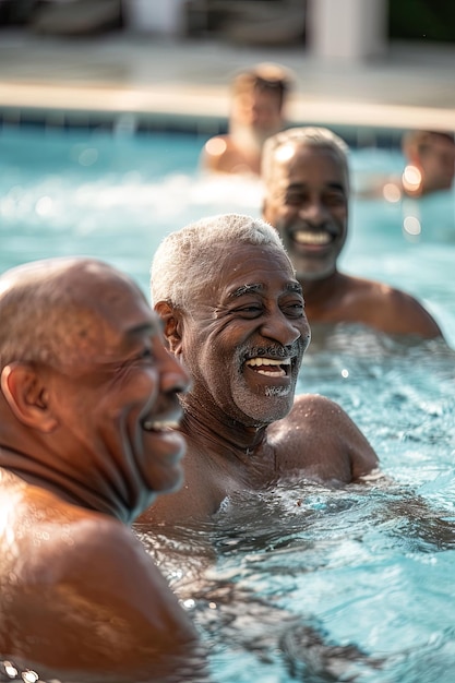 Gruppo di amici anziani afro-maschili che nuotano in una piscina durante le vacanze estive