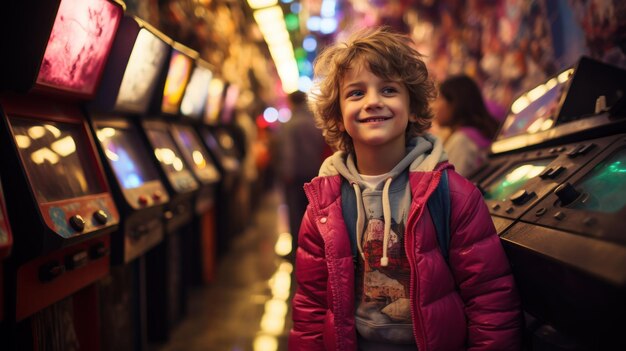 Gruppo di amici bambini che giocano nella sala giochi arcade retrò