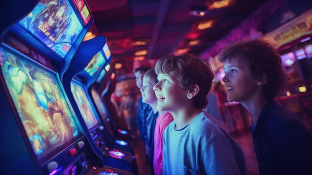 Gruppo di amici bambini che giocano nella sala giochi arcade retrò