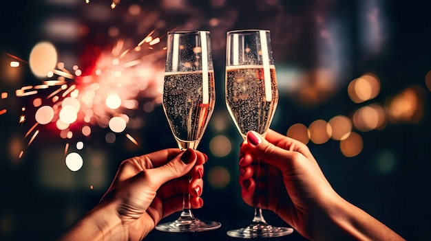 Gruppo di amici che brindano con bicchieri di champagne alla festa di Capodanno