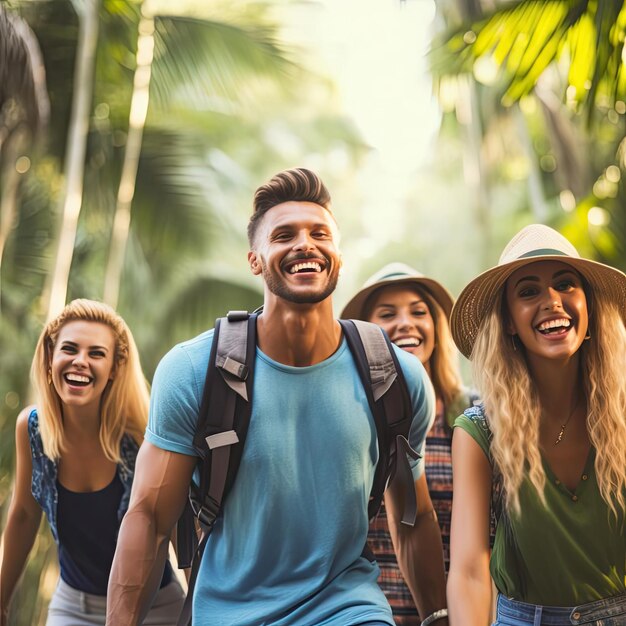 Gruppo di amici che camminano nel parco e si divertono all'aperto