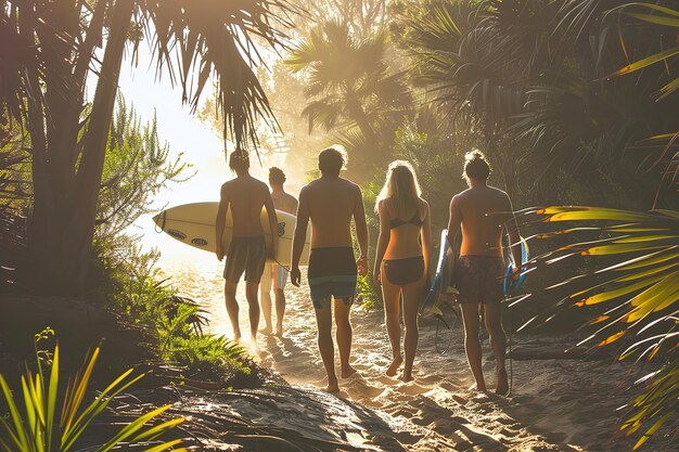 Gruppo di amici che camminano verso la spiaggia al tramonto con le tavole da surf