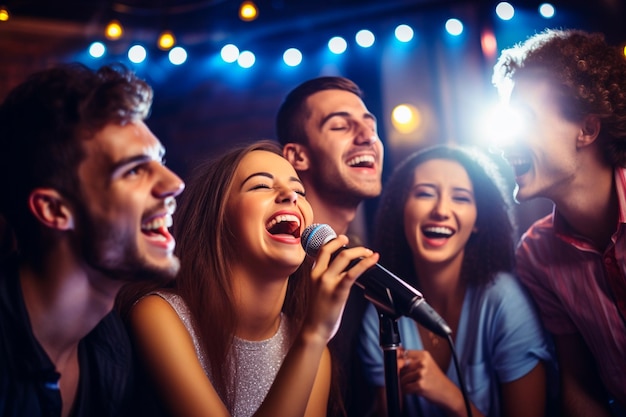 Gruppo di amici che cantano in un bar karaoke con un microfono