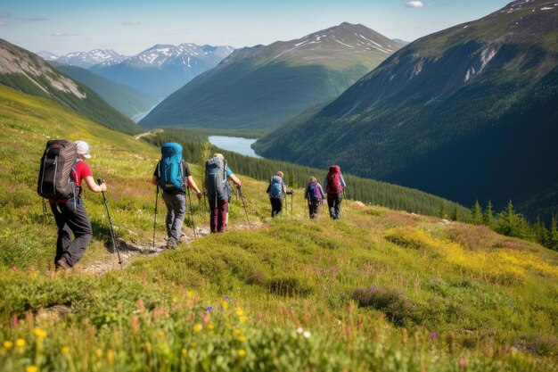 Gruppo di amici che fanno escursioni in montagna AI Generativo