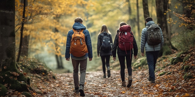 Gruppo di amici che fanno trekking con zaini che camminano nella foresta