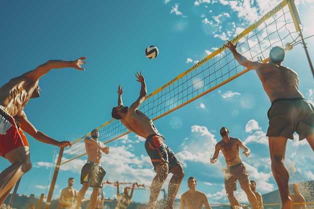 Gruppo di amici che fanno un torneo di beach volleyball