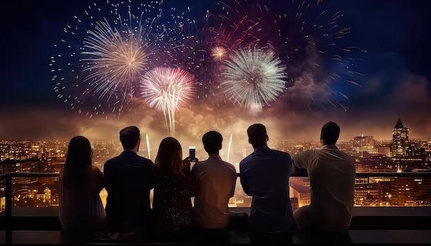 gruppo di amici che guardano i fuochi d'artificio in montagna