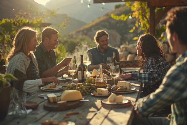 Gruppo di amici che mangiano formaggio e bevono vino in una terrazza di un cottage AI generativa