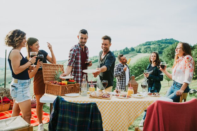 Gruppo di amici che passano il tempo a fare un picnic e un barbecue