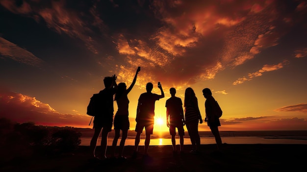 Gruppo di amici che prendono un selfie al tramonto al faro di Maspalomas Spagna