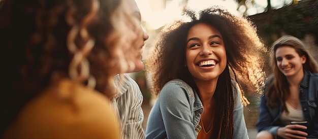 Gruppo di amici che si divertono all'aperto ragazza che sorride alla macchina fotografica