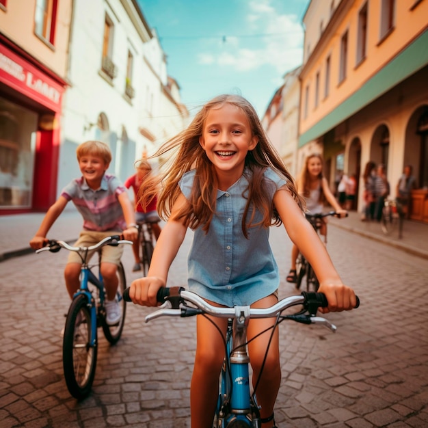 Gruppo di amici che si divertono con le biciclette