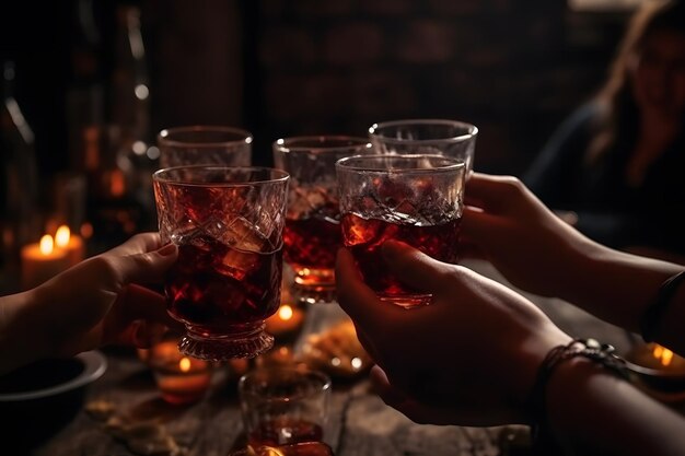 Gruppo di amici che si godono bevande alcoliche Mani di giovani che si rallegrano al bar ristorante Rete neurale AI generata