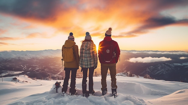 gruppo di amici che si godono la bellezza del tramonto sulla neve