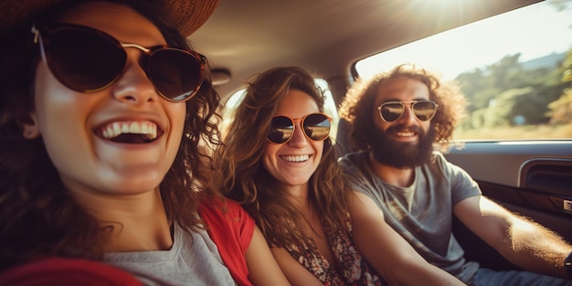 Gruppo di amici che si rilassano in macchina durante il viaggio su strada