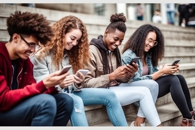 Gruppo di amici che usano insieme gli smartphone Giovani dipendenza dalle nuove tendenze tecnologiche Giovani nuova generazione Internet concetto di amicizia Isolamento emotivo e depressione IA generativa