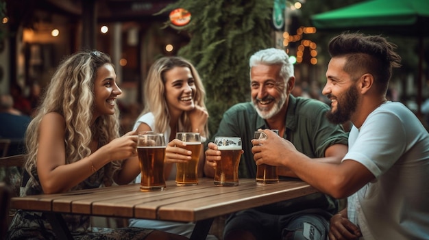 Gruppo di amici di diverse età che si godono la birra in un paesaggio urbano estate Europa a prezzi accessibili