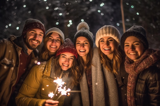 Gruppo di amici felici che festeggiano la vigilia di Capodanno con scintilli nella neve e la sera diversa