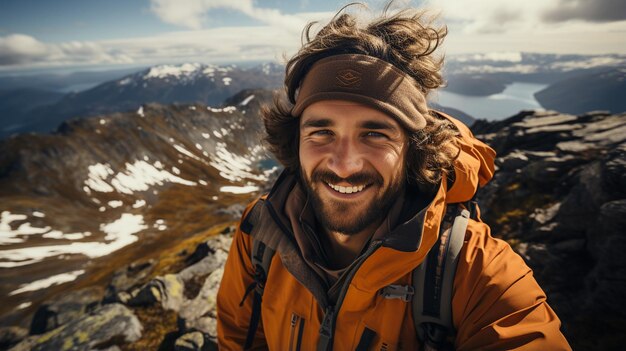 gruppo di amici felici con bastoncini da trekking escursioni in montagna