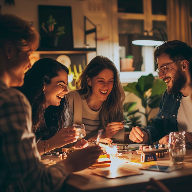 Gruppo di amici giovani che giocano a giochi da tavolo tutti insieme divertendosi e godendosi la serata di festa in amicizia Uomini e donne adulti giocano e si godono attività ricreative in casa