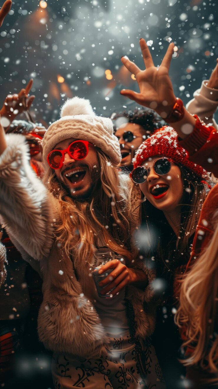 Foto gruppo di amici in costumi festivi che ballano e festeggiano insieme