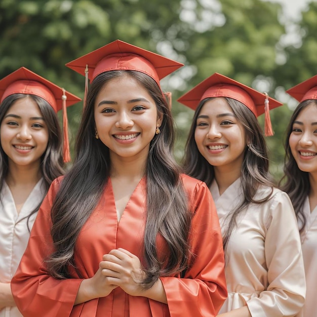 Gruppo di amici laureati sorridenti in abiti da laurea nel campus universitario