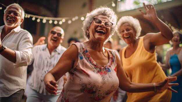 Gruppo di amici senior che ballano divertenti attività di compleanno in una casa di riposo