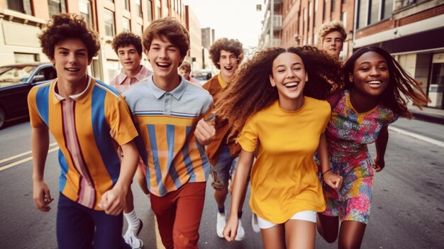 Gruppo di amici sorridenti adolescenti multirazziali che indossano abiti casuali colorati che corrono