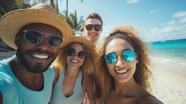 gruppo di amici su una spiaggia con palme sullo sfondo