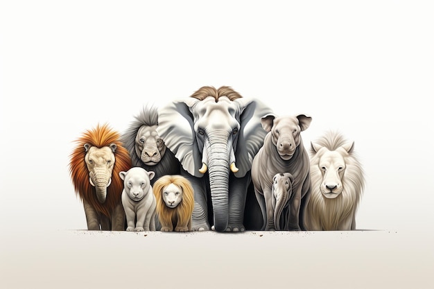 Gruppo di animali selvatici su sfondo bianco illustrazione di rendering 3D