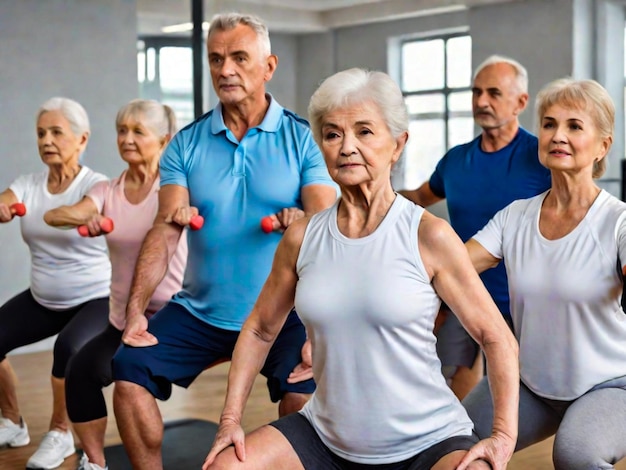Gruppo di anziani che fa esercizi di squat con un fisioterapeuta in classe di ginnastica