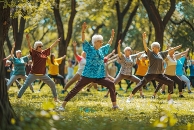 Gruppo di anziani che praticano il tai chi in un parco soleggiato con foglie d'autunno