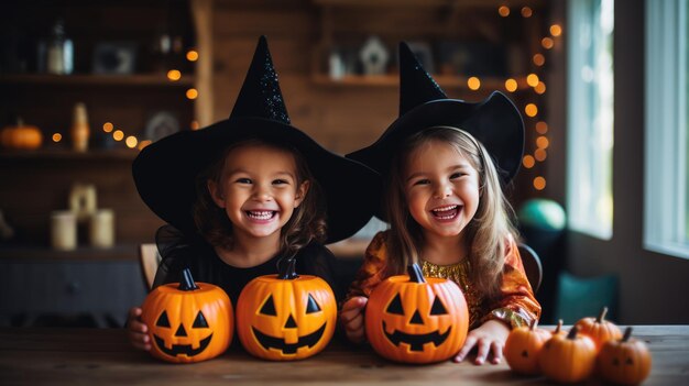 Gruppo di bambine in costumi di streghe per Halloween con una lanterna di zucca a casa