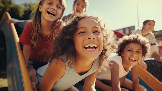 Gruppo di bambini che cavalcano sopra uno scivolo Giorno dei bambini