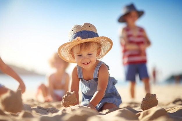 Gruppo di bambini che giocano con la sabbia sulla spiaggia in un giorno d'estate soleggiato