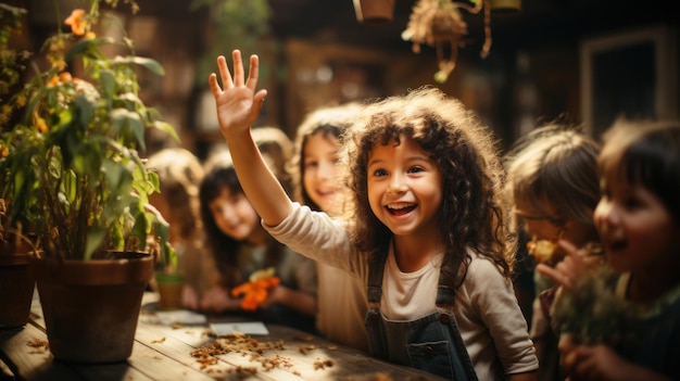 Gruppo di bambini che giocano con le piante nel giardino della scuola IA generativa