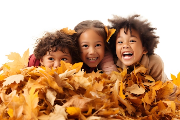 gruppo di bambini che giocano in un mucchio di foglie catturando la gioia e la giocosità della stagione