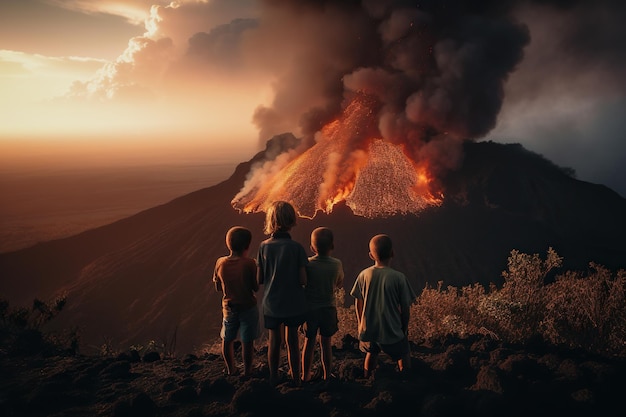 Gruppo di bambini che guardano l'eruzione del vulcano al tramonto eruzione del vulcano attivo IA generativa