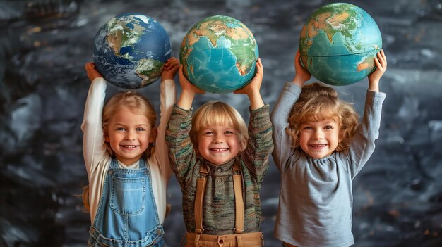 Gruppo di bambini che tengono in mano una terra per la Groenlandia e la Giornata della Terra ambiente globale clima