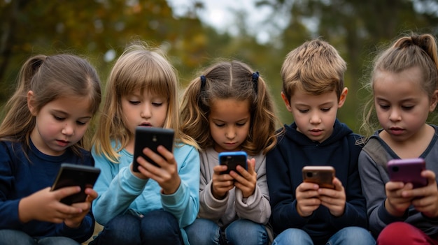 Gruppo di bambini dipendenti dai telefoni cellulari dipendenza dal gioco d'azzardo personalità chiusa dipendenza psicologica del bambino socializzazione