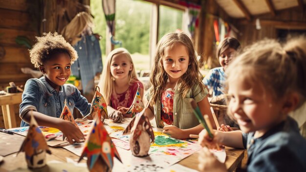 Gruppo di bambini durante una divertente attività artistica e artigianale Bambini così felici e divertenti con gli amici