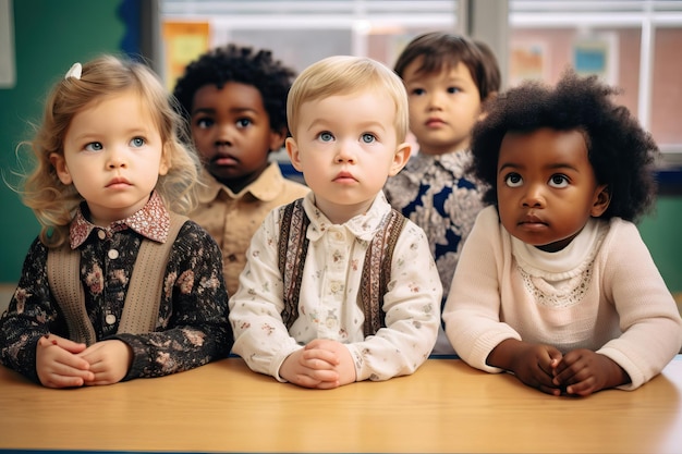 Gruppo di bambini felici che prestano attenzione all'insegnante a scuola bambino primo giorno di scuola multietnico